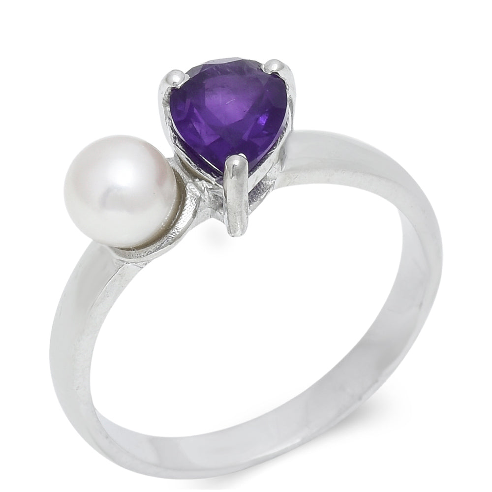 Inel din Argint 925 ( 2.63 grame ) cu Ametist Marocan și Perlă de Apă Dulce Albă 2.39 Carate 1 