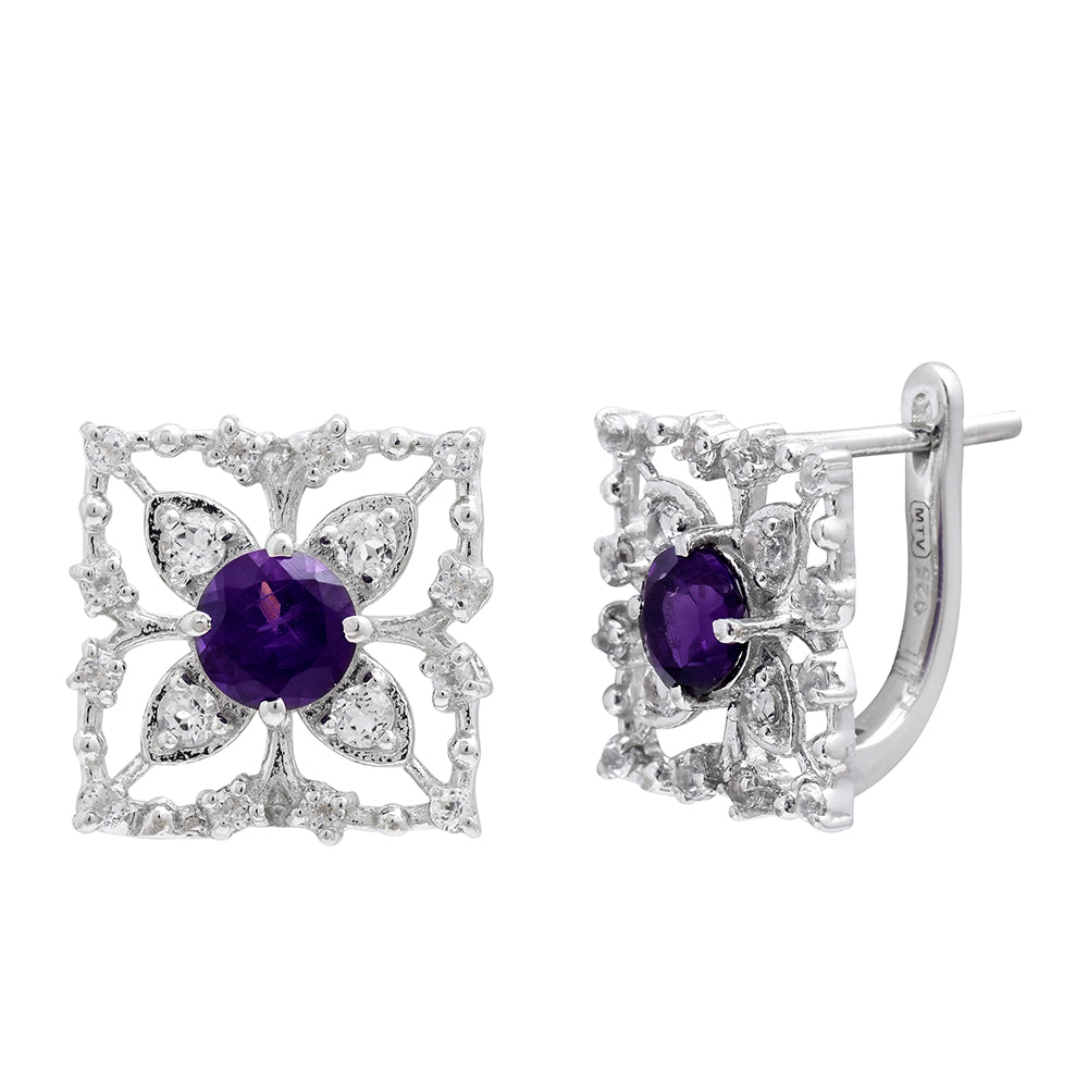 Cercei din Argint 925 ( 4.11 grame ) cu Ametist Marocan și Topaz Alb 0.63 Carate 4 