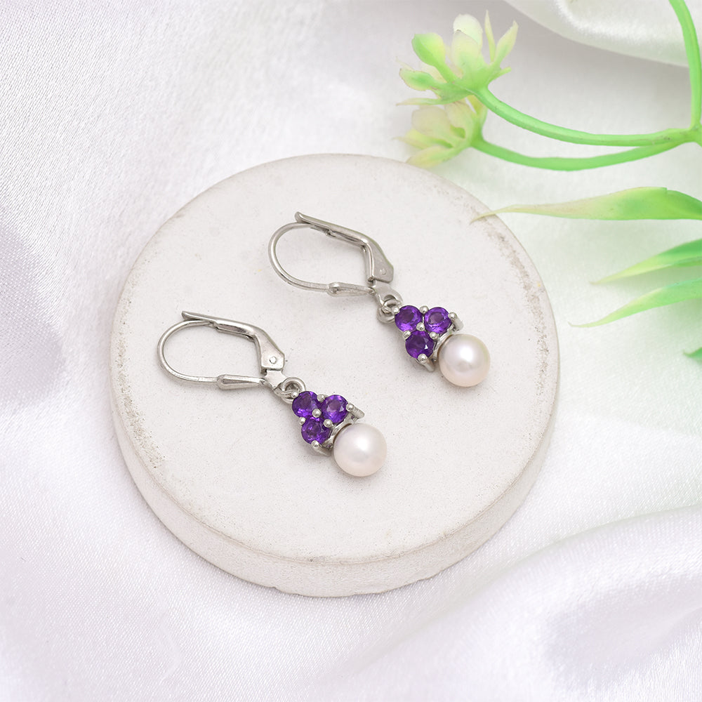 Cercei din Argint 925 ( 1.88 grame ) cu Ametist Marocan și Perlă de Apă Dulce Albă 3.22 Carate 1 