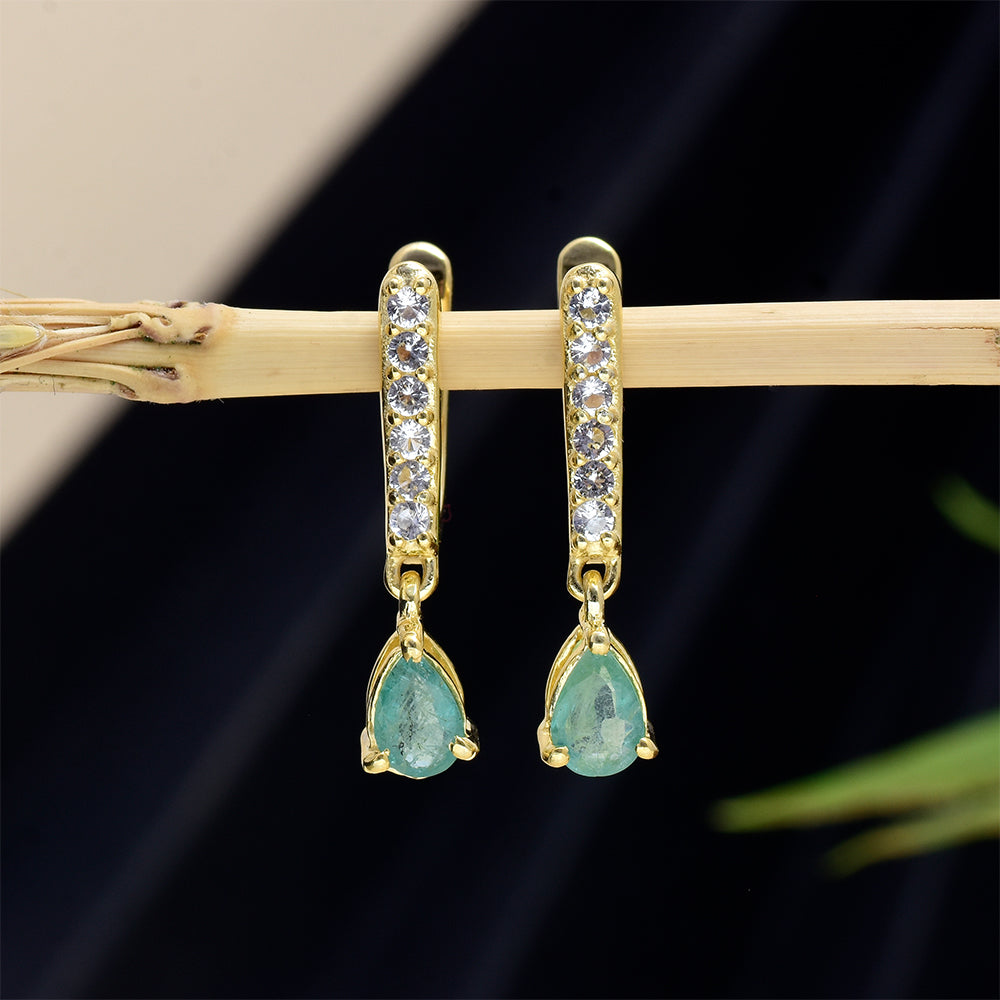 Cercei din Argint 925 Placat cu Aur ( 3.17 grame ) cu Smarald Brazilian și Topaz Alb 0.97 Carate 3 