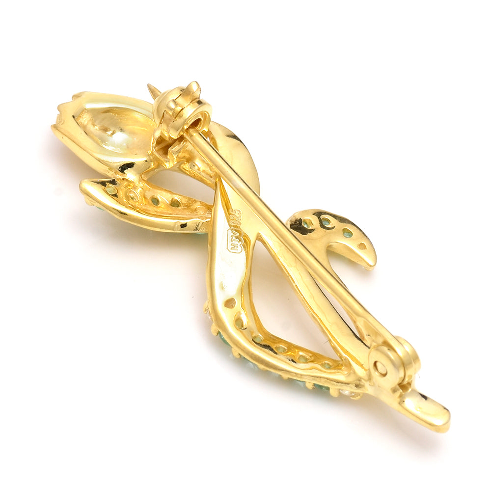 Broşă din Argint 925 Placat cu Aur ( 2.32 grame ) cu Smarald Brazilian și Topaz Alb 0.18 Carate 4 