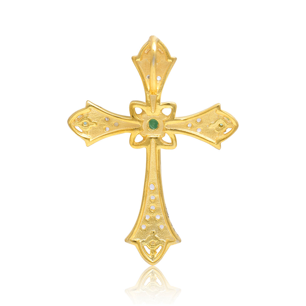 Cruce Pandantiv din Argint 925 Placat cu Aur ( 2.74 grame ) cu Smarald Brazilian și Topaz Alb 0.33 Carate 2 