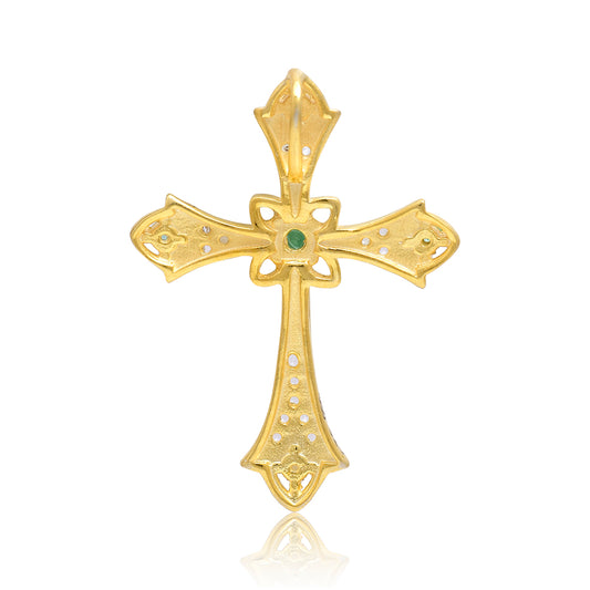 Cruce Pandantiv din Argint 925 Placat cu Aur ( 2.74 grame ) cu Smarald Brazilian și Topaz Alb 0.33 Carate