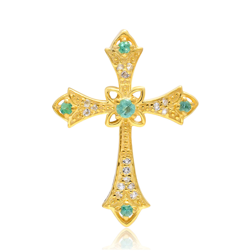 Cruce Pandantiv din Argint 925 Placat cu Aur ( 2.74 grame ) cu Smarald Brazilian și Topaz Alb 0.33 Carate