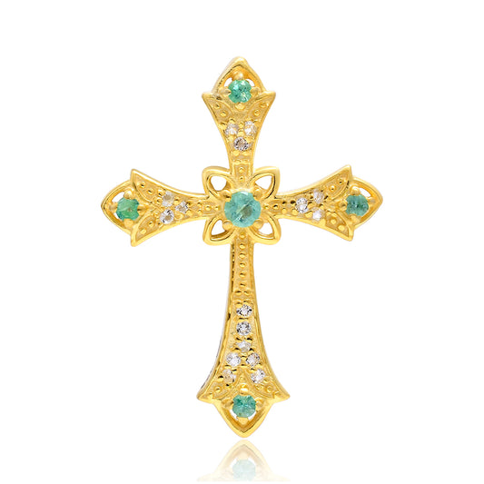 Cruce Pandantiv din Argint 925 Placat cu Aur ( 2.74 grame ) cu Smarald Brazilian și Topaz Alb 0.33 Carate