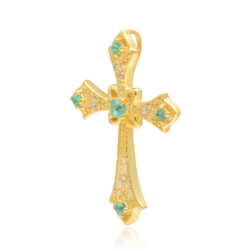 Cruce Pandantiv din Argint 925 Placat cu Aur ( 2.74 grame ) cu Smarald Brazilian și Topaz Alb 0.33 Carate