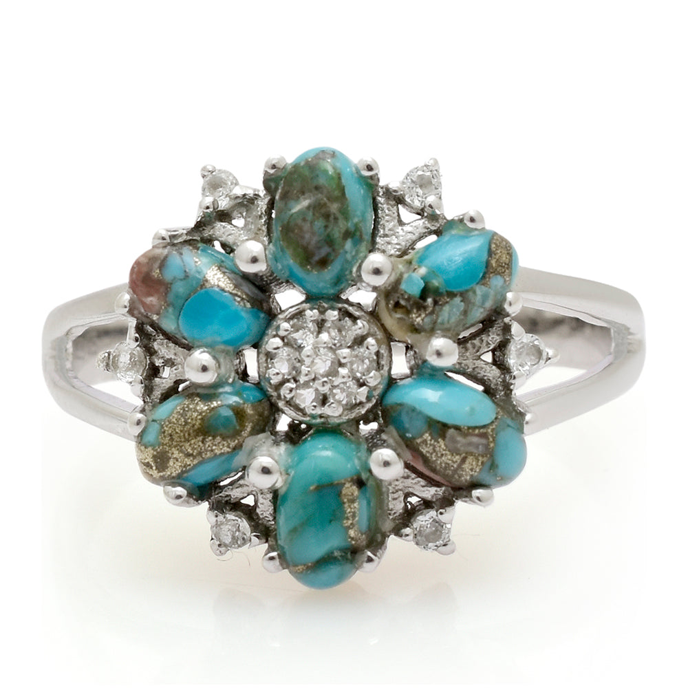 Inel din Argint 925 ( 3.14 grame ) cu Turcoaz Oyster și Topaz Alb 2 Carate