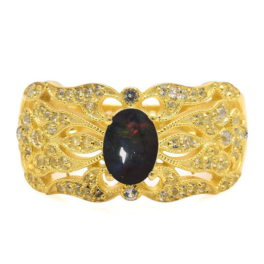 Inel din Argint 925 Placat cu Aur ( 4.45 grame ) cu Opal Etiopian Lega Dembi și Topaz Alb 0.64 Carate