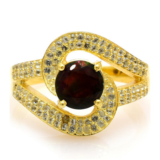Inel din Argint 925 Placat cu Aur ( 4.91 grame ) cu Opal Etiopian Lega Dembi și Topaz Alb 1.66 Carate