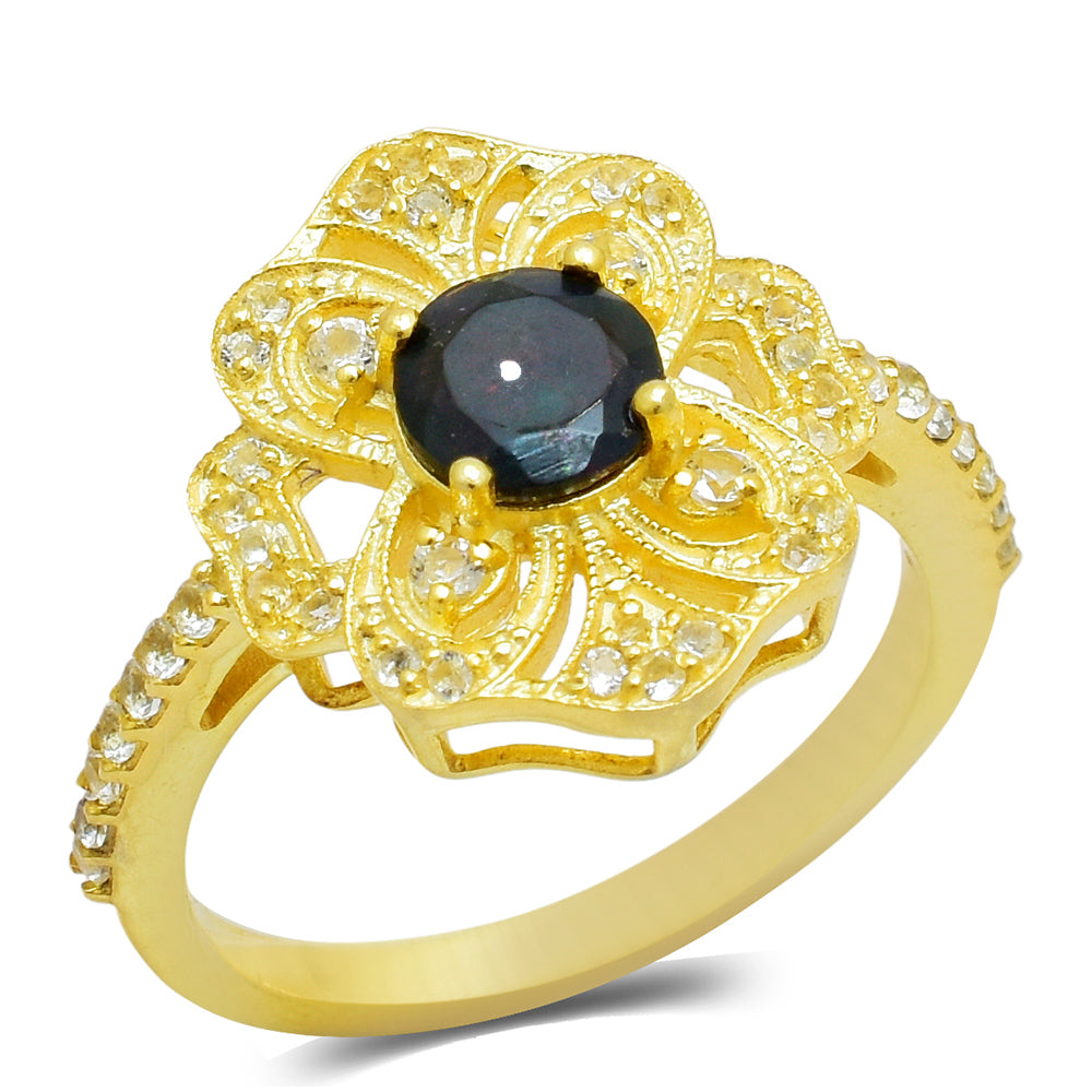 Inel din Argint 925 Placat cu Aur ( 3.78 grame ) cu Opal Etiopian Lega Dembi și Topaz Alb 0.55 Carate 5 