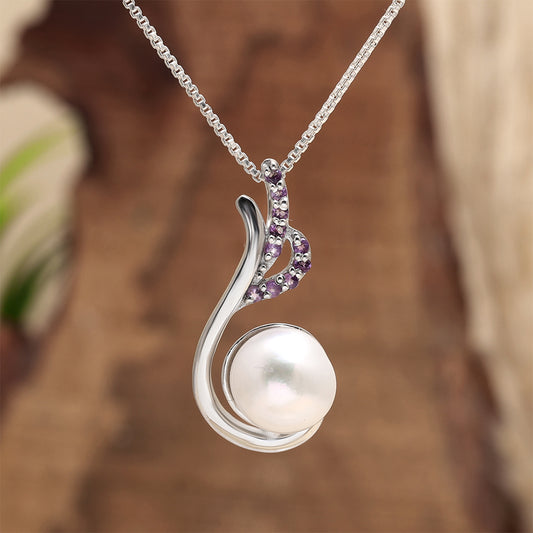 Pandantiv din Argint 925 ( 2.33 grame ) cu Ametist Brazilian și Perlă de Apă Dulce Albă 0.13 Carate