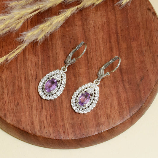 Cercei din Argint 925 ( 3.34 grame ) cu Ametist Brazilian și Topaz Alb 2.01 Carate