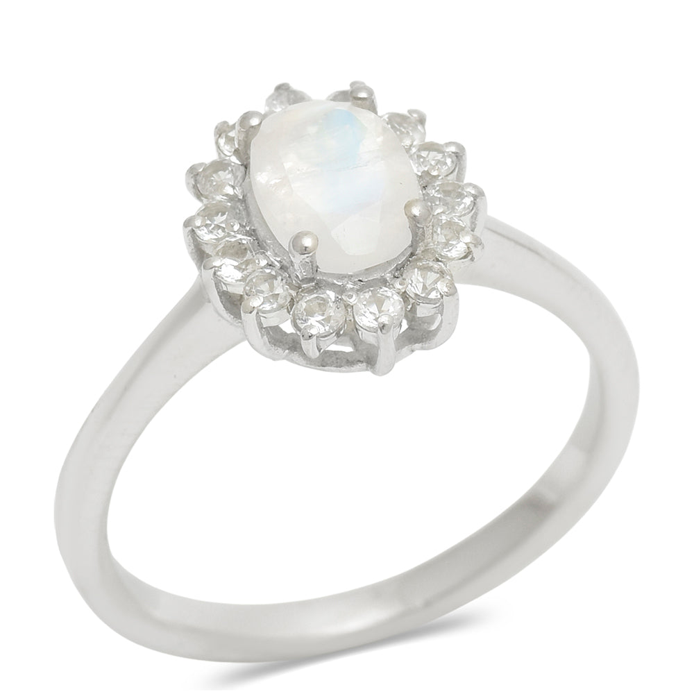 Inel din Argint 925 ( 2.32 grame ) cu Piatra Lunii Curcubeu și Topaz Alb 1.34 Carate 4 
