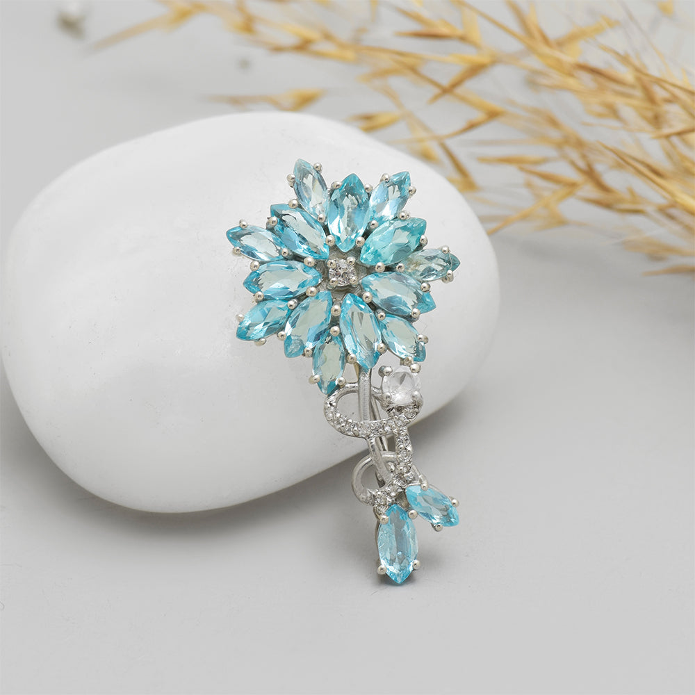 Broşă din Argint 925 ( 2.93 grame ) cu Apatit Albastru Madagascar și Topaz Alb 3.85 Carate 1 