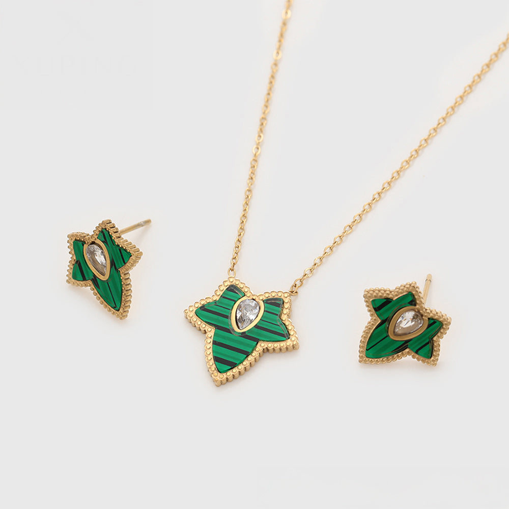 Set din Aliaj Placat cu Aur cu Cristal Verde Emporia® și Cristal Alb Emporia® ( Colier+Cercei )