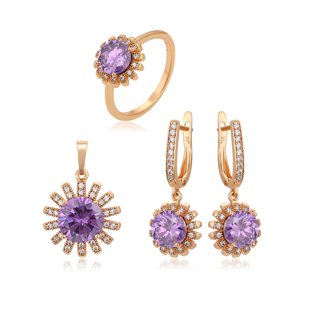 Set din Aliaj Placat cu Aur cu Cristal Violet Emporia® și Cristal Alb Emporia® ( Cercei+Inel+Pandantiv ) 2 