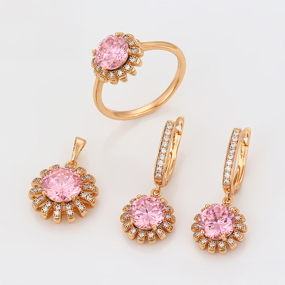 Set din Aliaj Placat cu Aur cu Cristal Roz Emporia® și Cristal Alb Emporia® ( Cercei+Inel+Pandantiv ) 1 