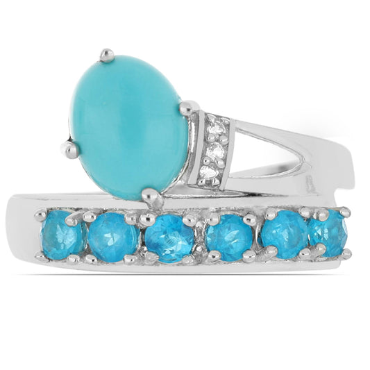 Inel din Argint 925 ( 3.46 grame ) cu Turcoaz ”Frumoasa Adormită” și Apatit Albastru de Sludyanka 2.29 Carate