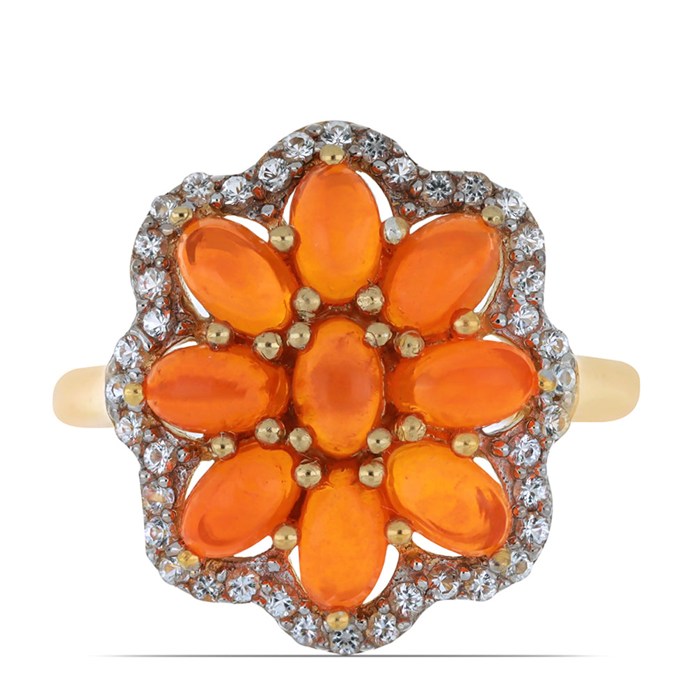 Inel din Argint 925 Placat cu Aur ( 4.05 grame ) cu Opal Etiopian Lega Dembi Portocaliu și Topaz Alb 2.02 Carate