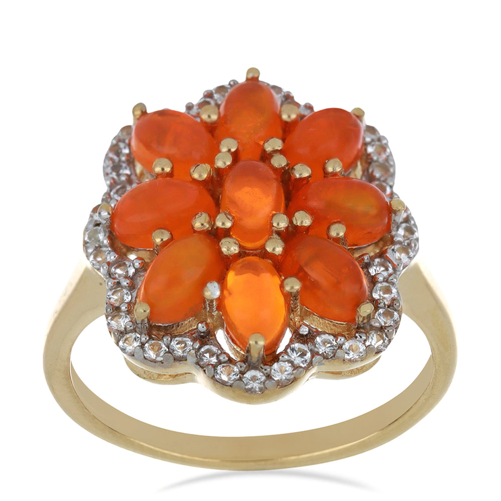 Inel din Argint 925 Placat cu Aur ( 4.05 grame ) cu Opal Etiopian Lega Dembi Portocaliu și Topaz Alb 2.02 Carate