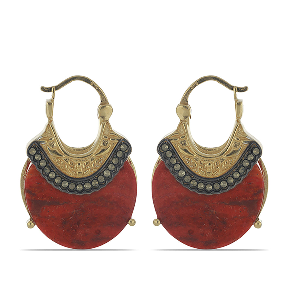 Cercei din Argint 925 Placat cu Aur ( 6.64 grame ) cu Coral Roșu Burete și Marcasit 16.03 Carate