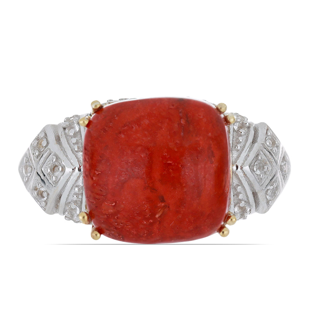 Inel din Argint 925 Placat cu Aur ( 5.23 grame ) cu Coral Roșu Burete și Topaz Alb 6.01 Carate 1 