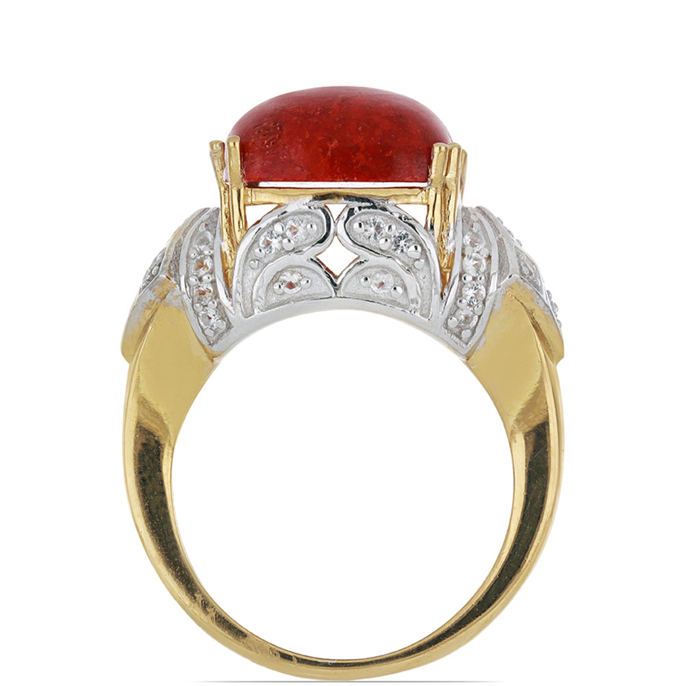 Inel din Argint 925 Placat cu Aur ( 5.23 grame ) cu Coral Roșu Burete și Topaz Alb 6.01 Carate 2 