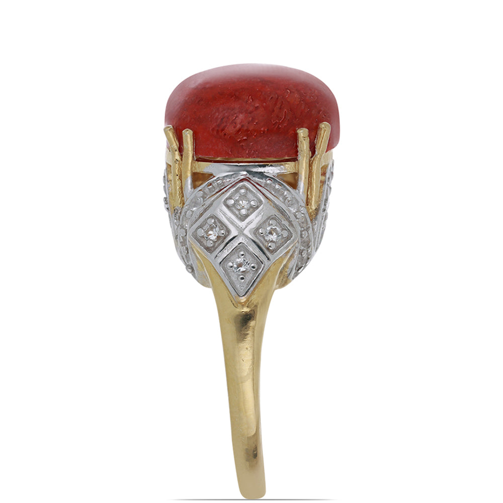 Inel din Argint 925 Placat cu Aur ( 5.23 grame ) cu Coral Roșu Burete și Topaz Alb 6.01 Carate