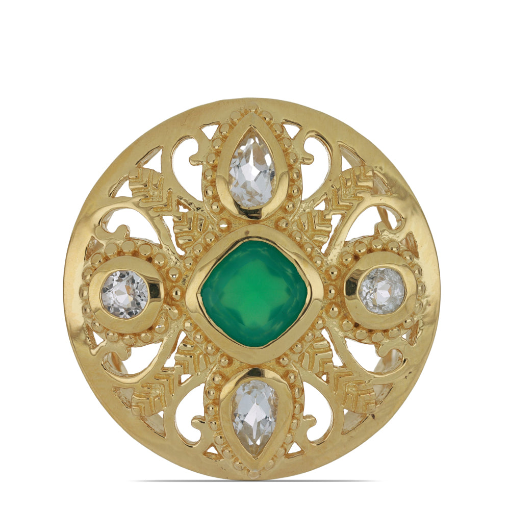 Inel din Argint 925 Placat cu Aur ( 8.54 grame ) cu Agat Verde și Topaz Alb 1.73 Carate