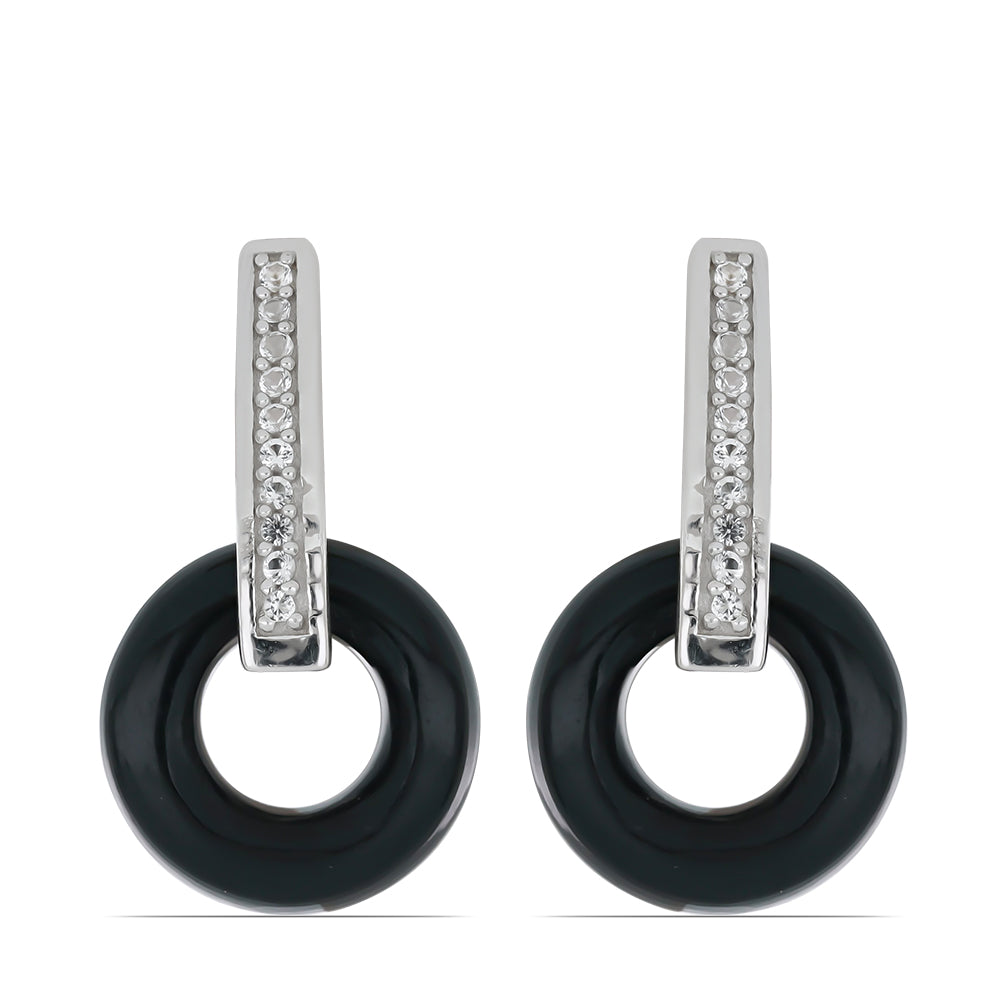 Cercei din Argint 925 ( 1.87 grame ) cu Onix Negru Suwar și Topaz Alb 13.08 Carate 1 