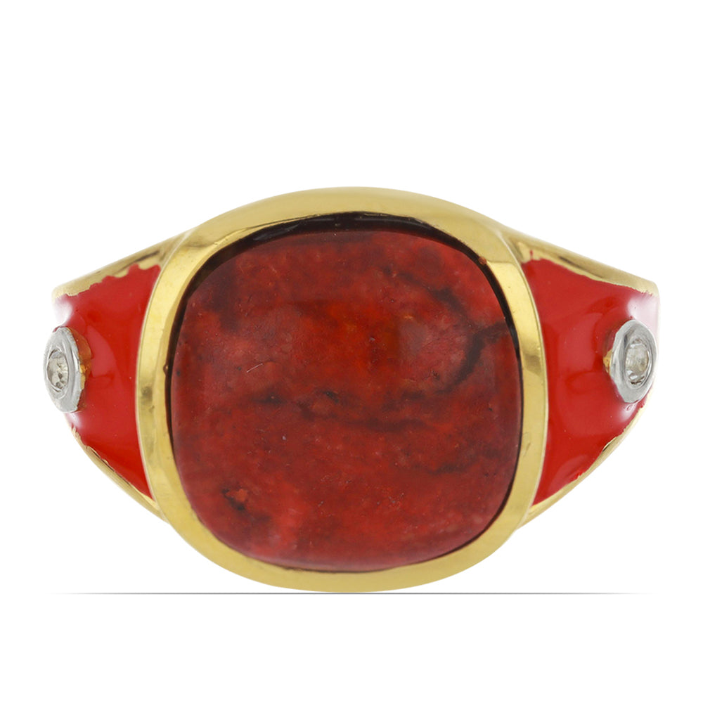 Inel din Argint 925 Placat cu Aur ( 4.41 grame ) cu Email și Coral Roșu Burete 5.36 Carate