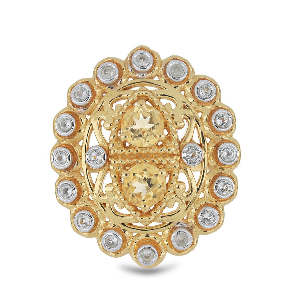 Inel din Argint 925 Placat cu Aur ( 6.58 grame ) cu Citrin Ural și Topaz Alb 1.13 Carate