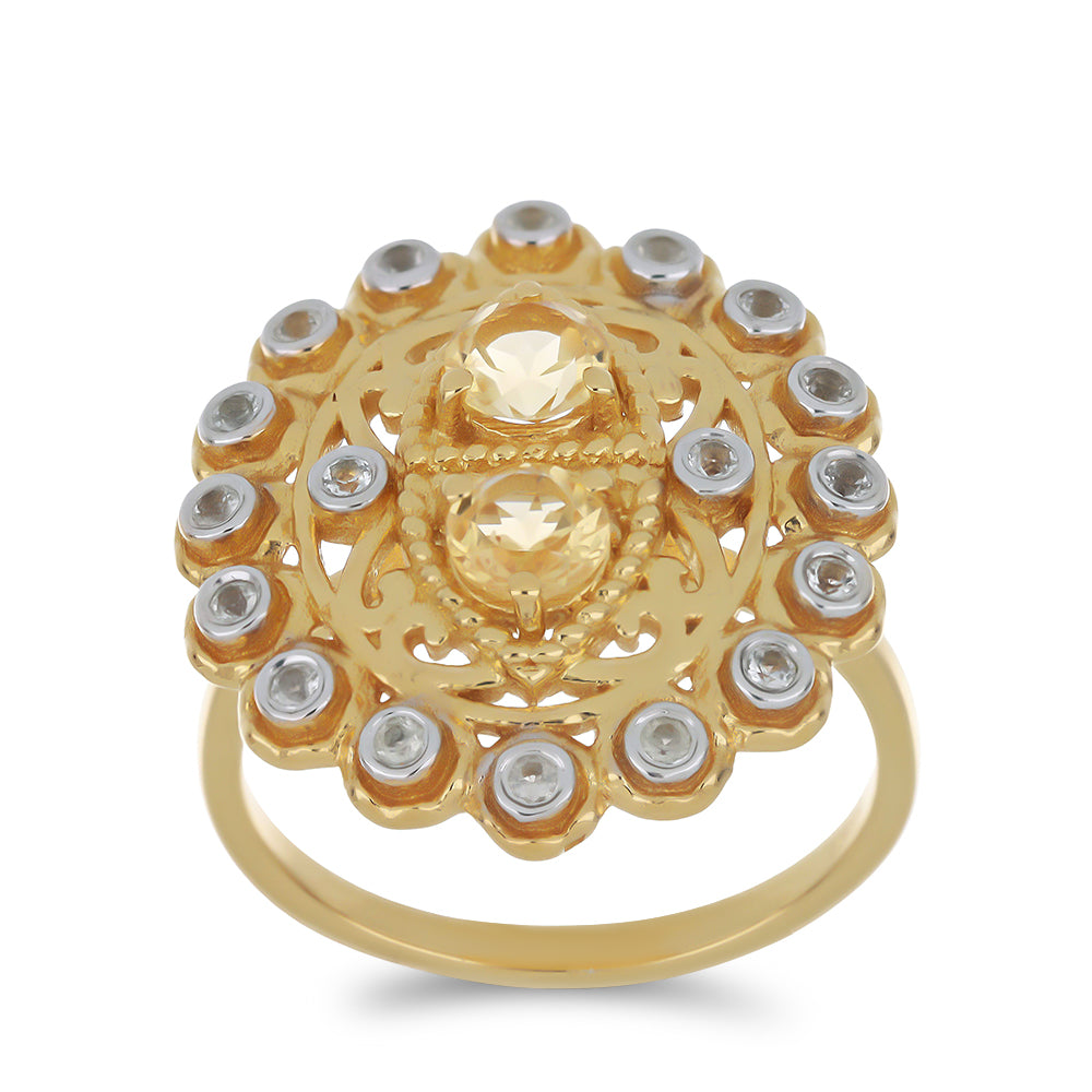 Inel din Argint 925 Placat cu Aur ( 6.58 grame ) cu Citrin Ural și Topaz Alb 1.13 Carate