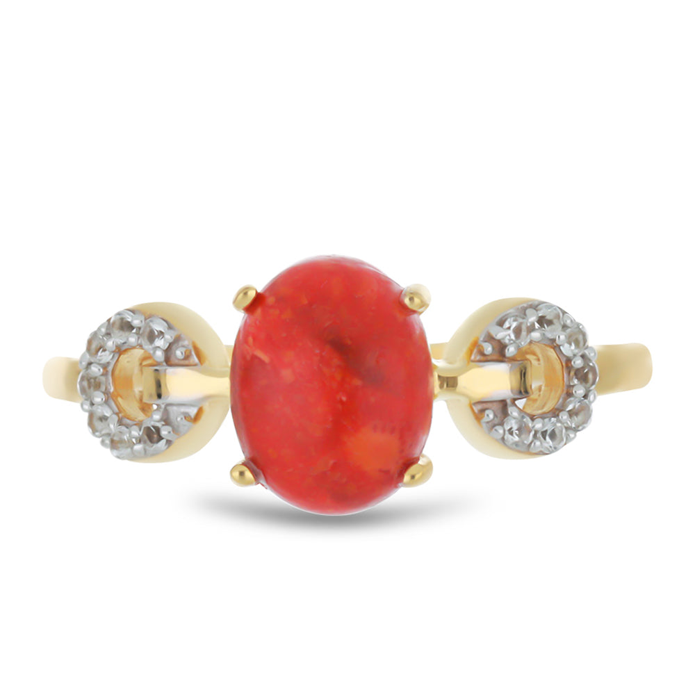 Inel din Argint 925 Placat cu Aur ( 2.42 grame ) cu Coral Roșu Burete și Topaz Alb 1.58 Carate 1 
