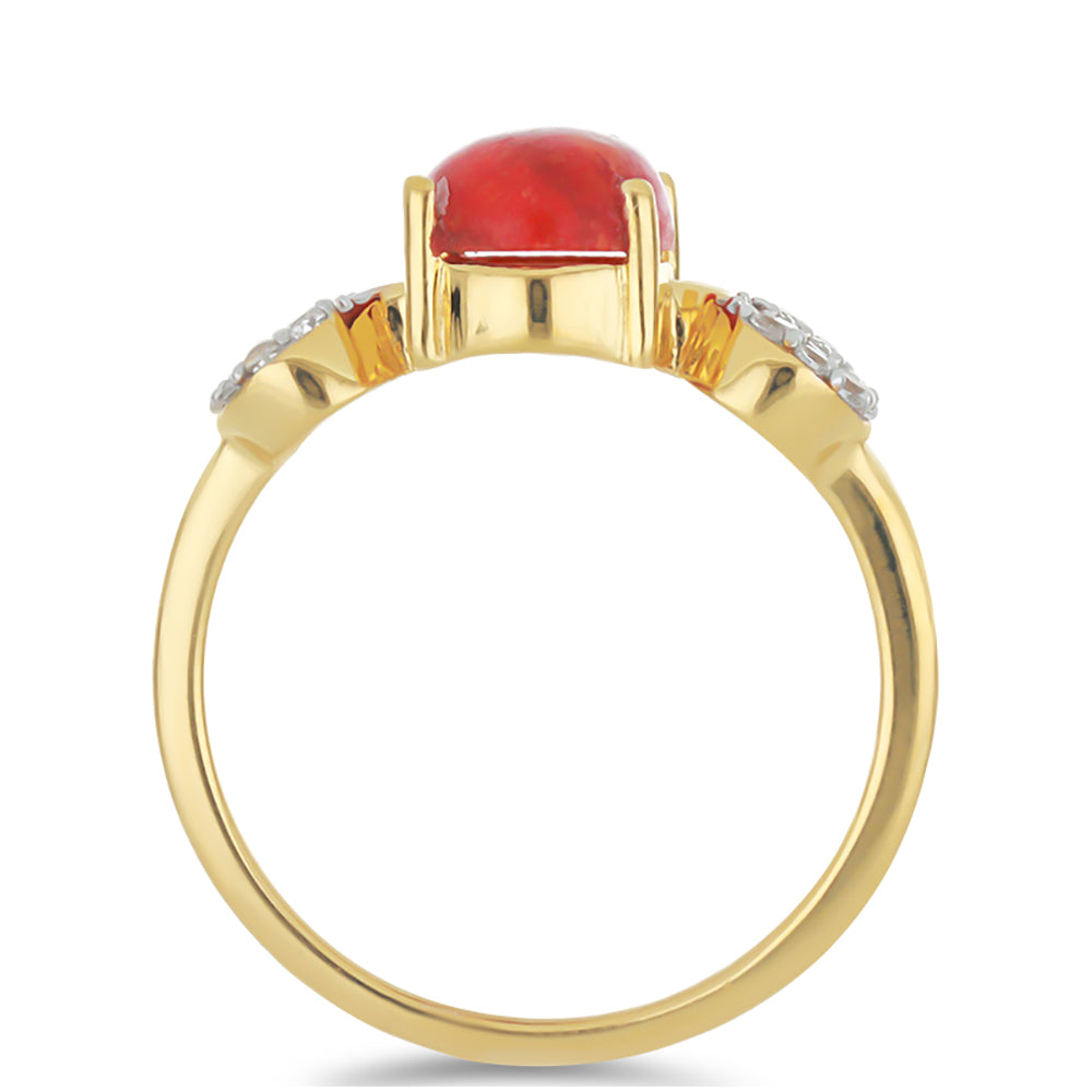 Inel din Argint 925 Placat cu Aur ( 2.42 grame ) cu Coral Roșu Burete și Topaz Alb 1.58 Carate 2 