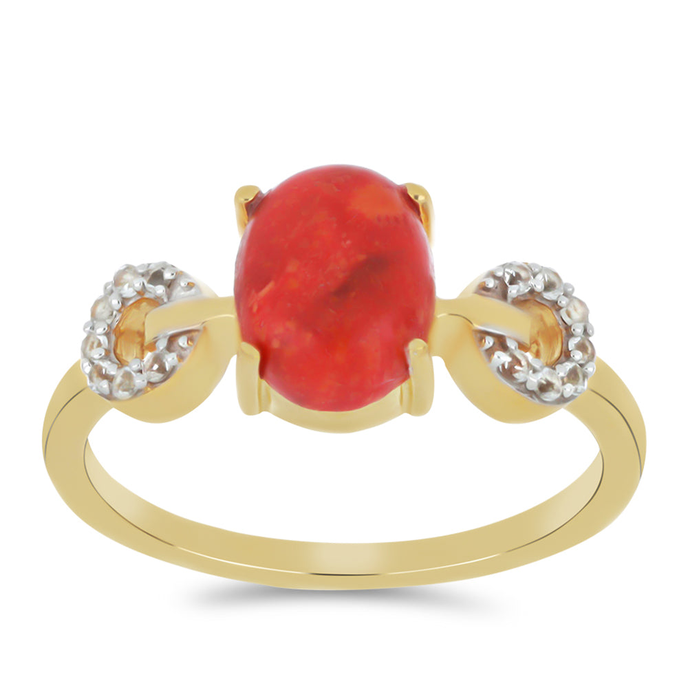Inel din Argint 925 Placat cu Aur ( 2.42 grame ) cu Coral Roșu Burete și Topaz Alb 1.58 Carate 3 