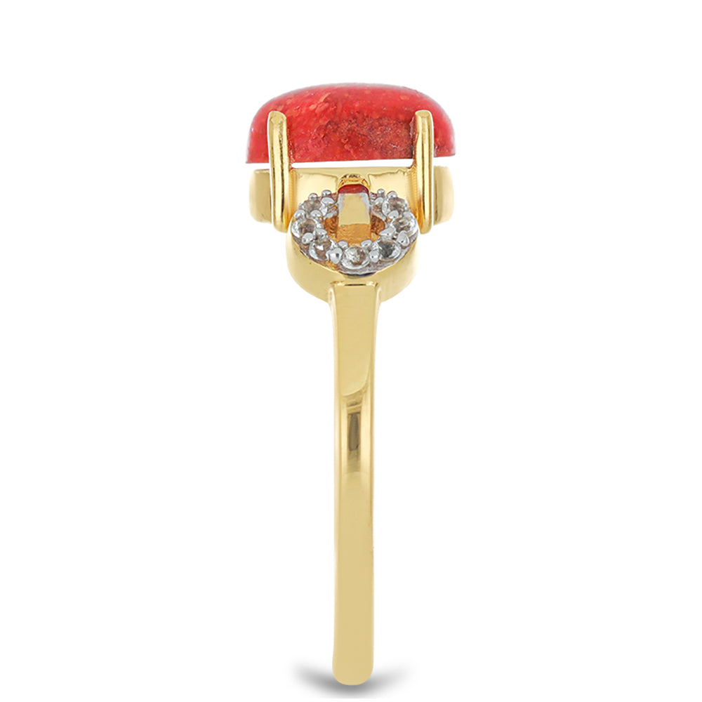 Inel din Argint 925 Placat cu Aur ( 2.42 grame ) cu Coral Roșu Burete și Topaz Alb 1.58 Carate