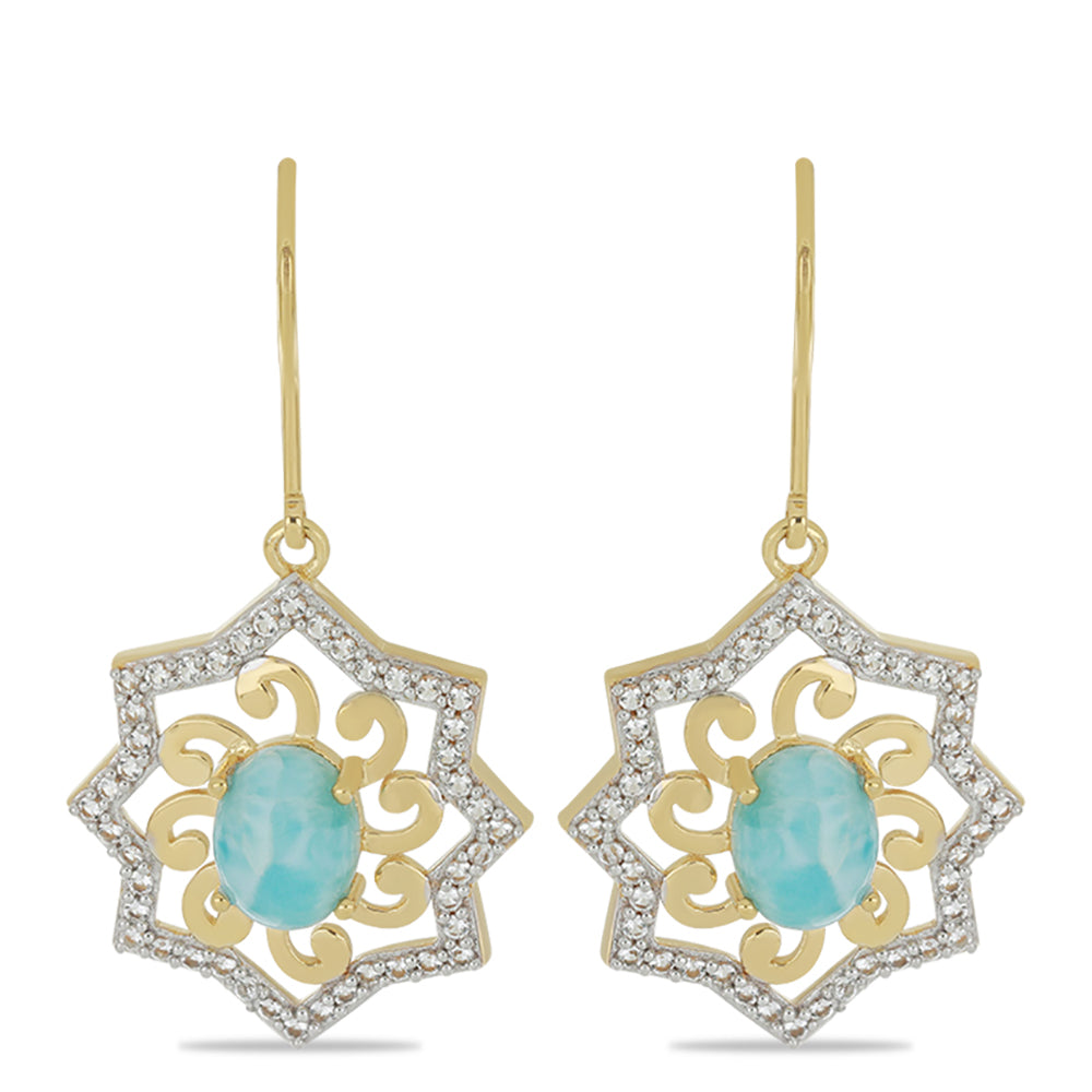 Cercei din Argint 925 Placat cu Aur ( 4.64 grame ) cu Larimar(Piatra delfinului) și Topaz Alb 3.95 Carate