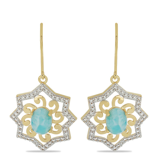 Cercei din Argint 925 Placat cu Aur ( 4.64 grame ) cu Larimar(Piatra delfinului) și Topaz Alb 3.95 Carate