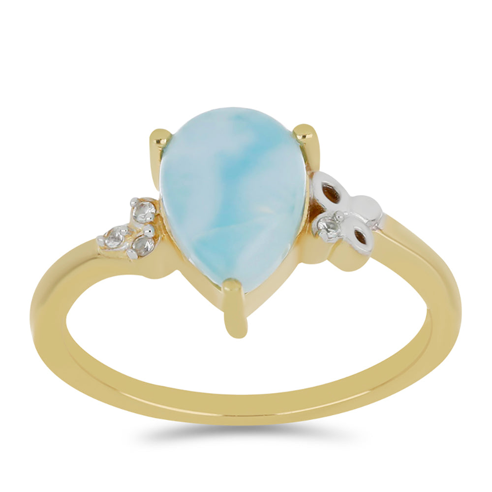 Inel din Argint 925 Placat cu Aur ( 1.89 grame ) cu Larimar(Piatra delfinului) și Topaz Alb 2.24 Carate