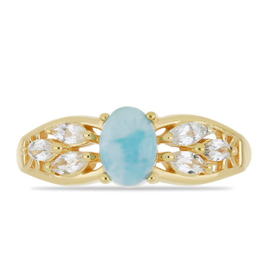 Inel din Argint 925 Placat cu Aur ( 2.92 grame ) cu Larimar(Piatra delfinului) și Topaz Alb 1.45 Carate