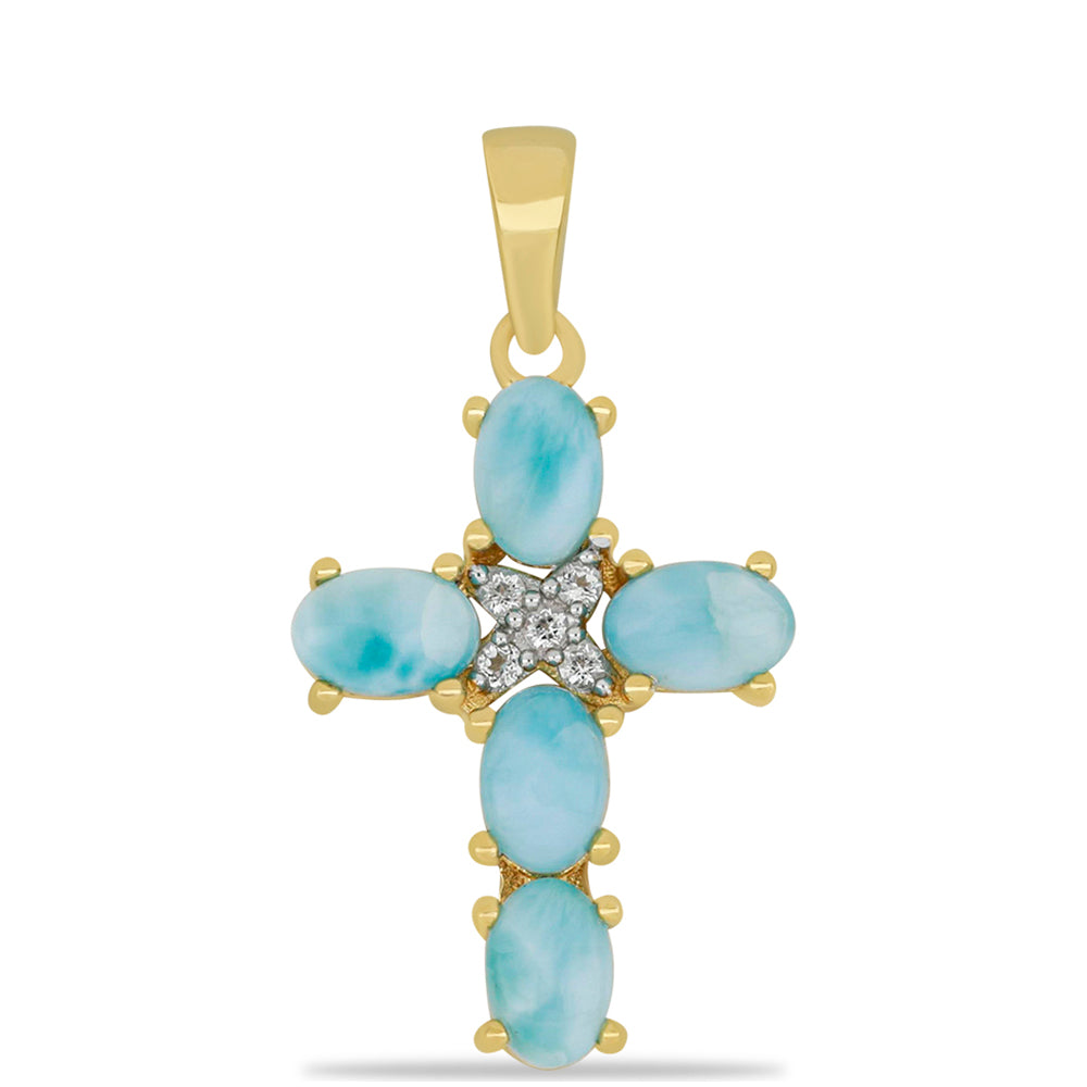 Cruce Pandantiv din Argint 925 Placat cu Aur ( 2.06 grame ) cu Larimar(Piatra delfinului) și Topaz Alb 3 Carate 1 