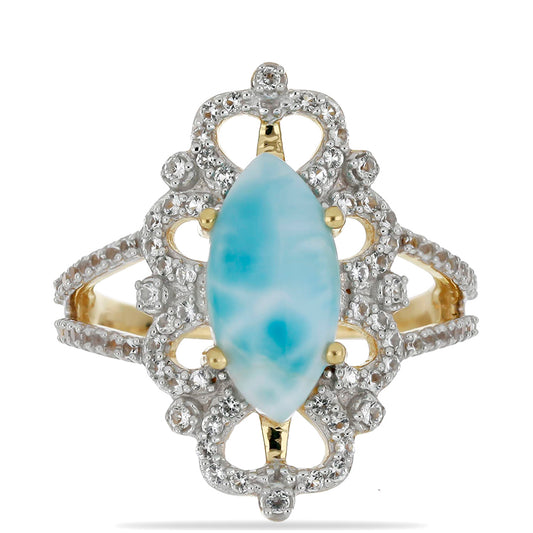 Inel din Argint 925 Placat cu Aur ( 4.09 grame ) cu Larimar(Piatra delfinului) și Topaz Alb 3.75 Carate