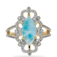 Inel din Argint 925 Placat cu Aur ( 4.09 grame ) cu Larimar(Piatra delfinului) și Topaz Alb 3.75 Carate