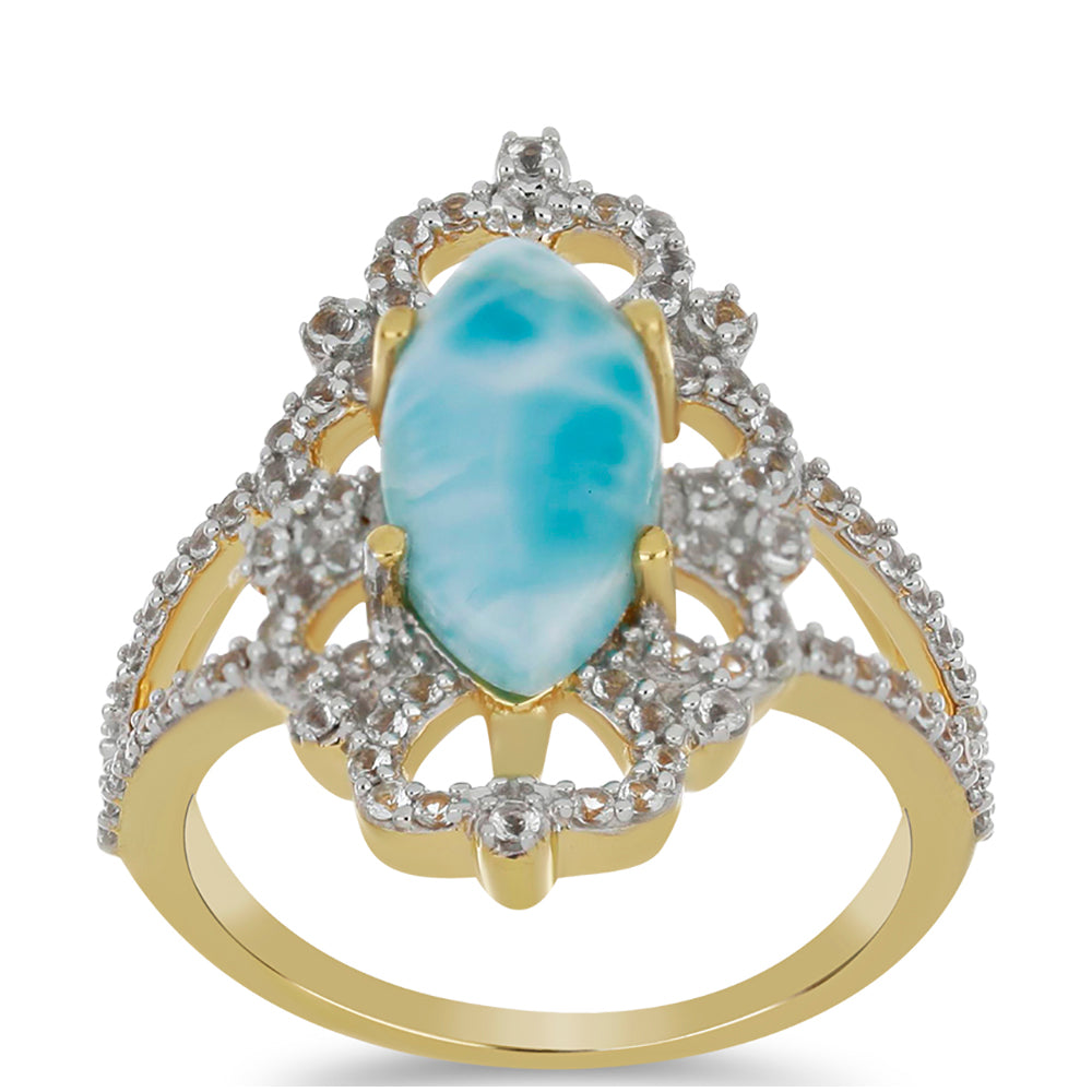 Inel din Argint 925 Placat cu Aur ( 4.09 grame ) cu Larimar(Piatra delfinului) și Topaz Alb 3.75 Carate 3 