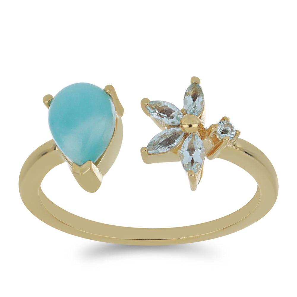 Inel din Argint 925 Placat cu Aur ( 2.99 grame ) cu Larimar(Piatra delfinului) și Topaz Albastru ca Cerul 1.77 Carate 3 