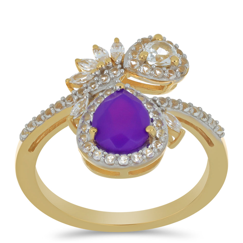 Inel din Argint 925 Placat cu Aur ( 2.99 grame ) cu Agat Violet și Topaz Alb 2.01 Carate 3 