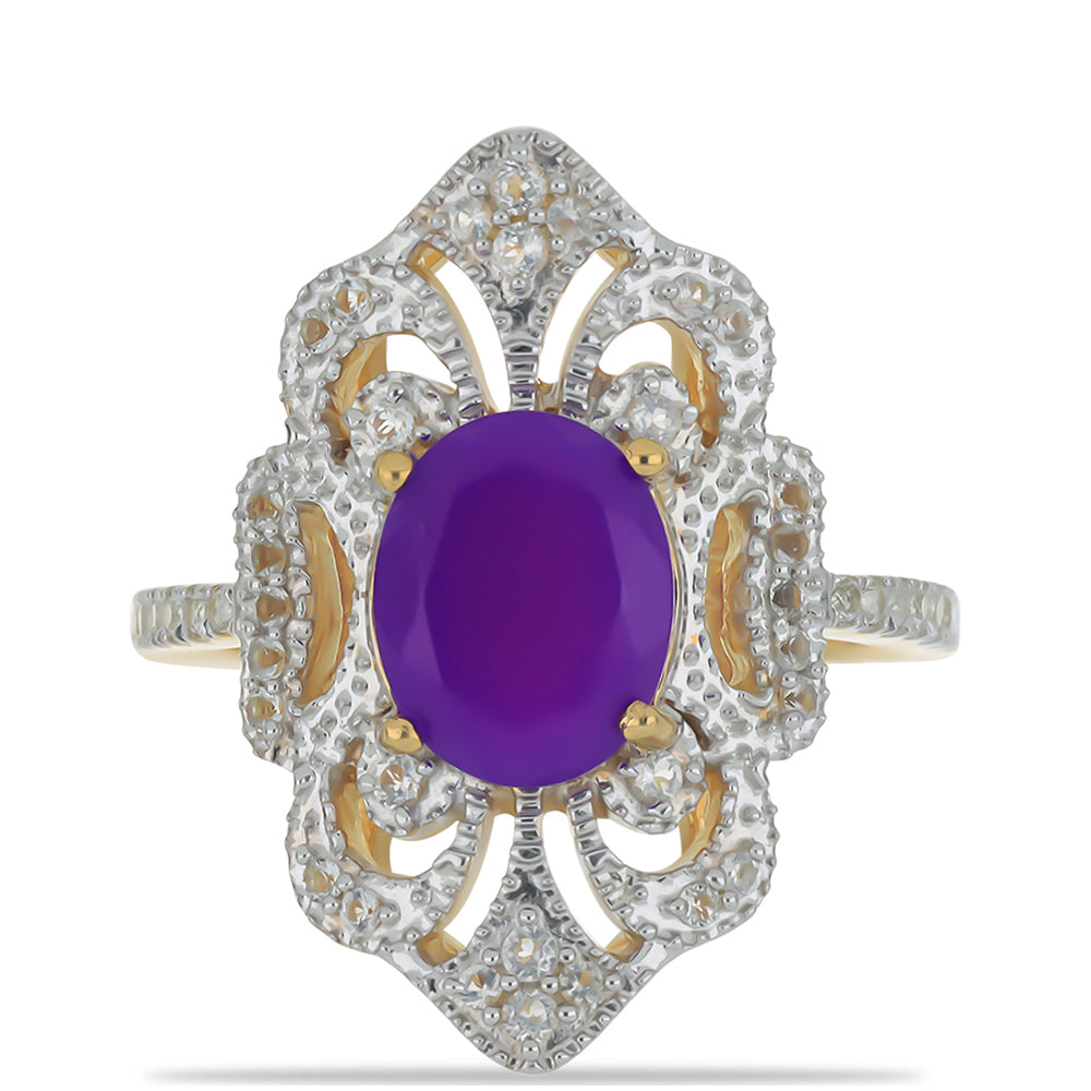 Inel din Argint 925 Placat cu Aur ( 5.82 grame ) cu Agat Violet și Topaz Alb 2.72 Carate 1 