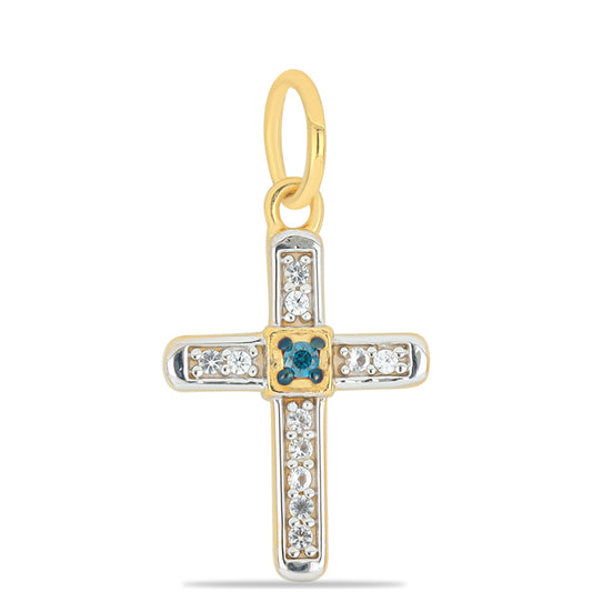 Cruce Pandantiv din Argint 925 Placat cu Aur ( 1.72 grame ) cu Diamant Albastru și Topaz Alb 0.13 Carate