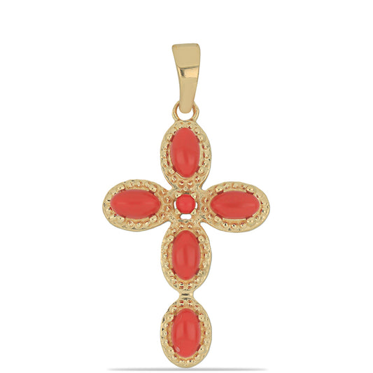 Cruce Pandantiv din Argint 925 Placat cu Aur ( 2.84 grame ) cu Coral Roșu Burete 1.16 Carate